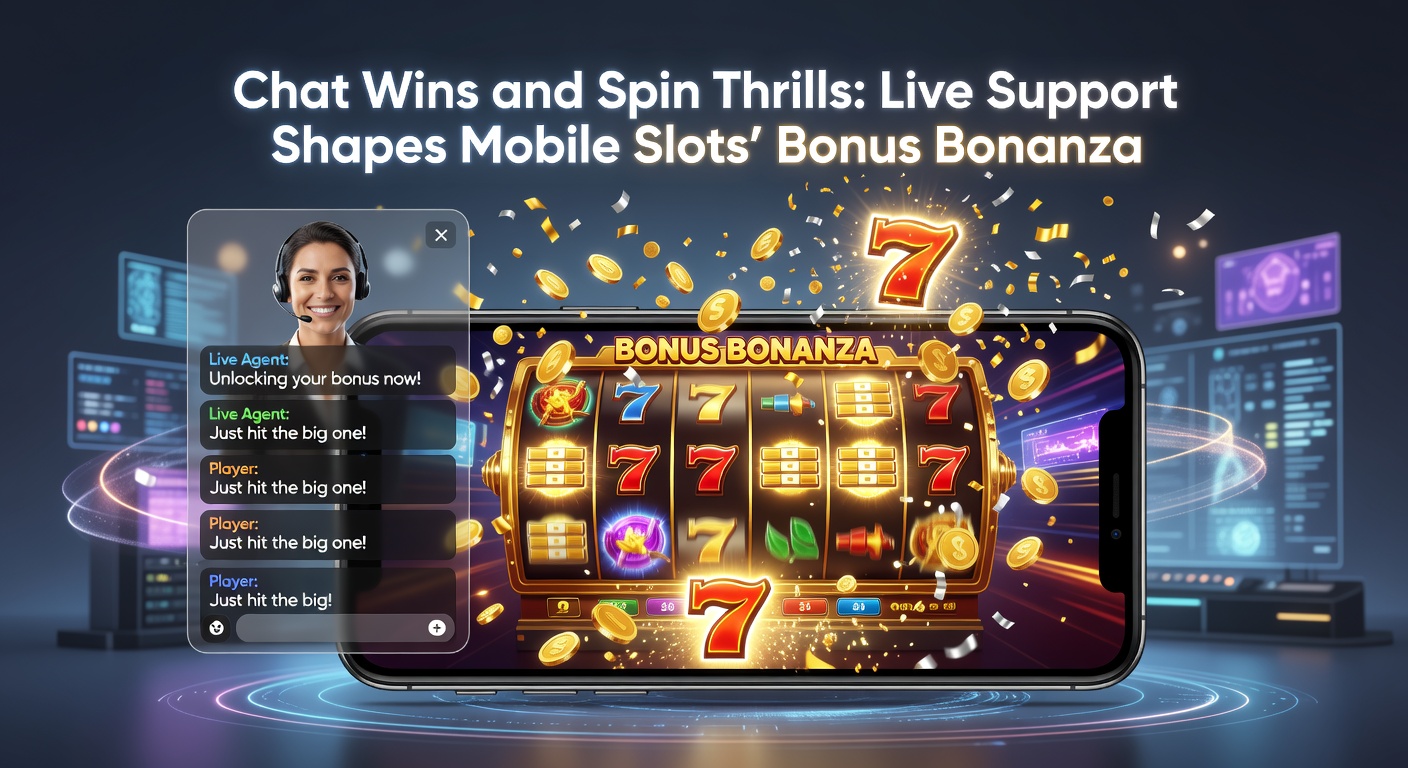 Speler houdt telefoon vast met actieve live chat, bonuspopup met free spins en winnende lijn op slot-scherm, chatagent typt advies