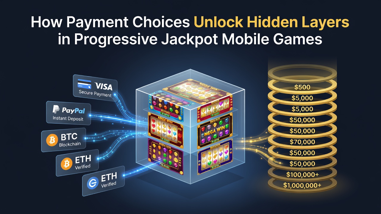 Mobiele progressieve jackpot game interface met betalingsopties en verborgen lagen