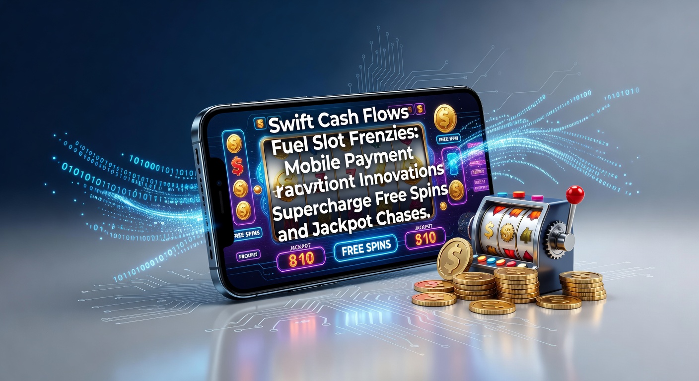 Smartphone met gloeiende slotwielen en pijlende cash-symbolen die free spins activeren, illustrerend de snelheid van mobiele betalingen in online slots
